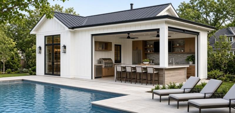 Design concept illustration (not a real project): a white board-and-batten pool house with a dark metal roof and an open outdoor kitchen beside a pool